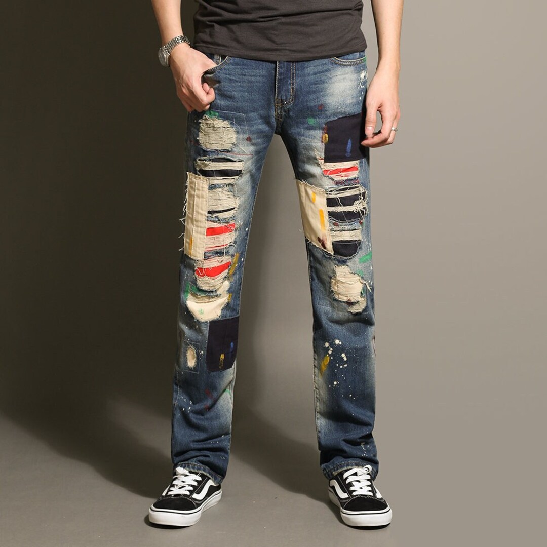 Men's Patchwork Jeans, Stone Washed Ripped Jeans, Street Straight Ink ...