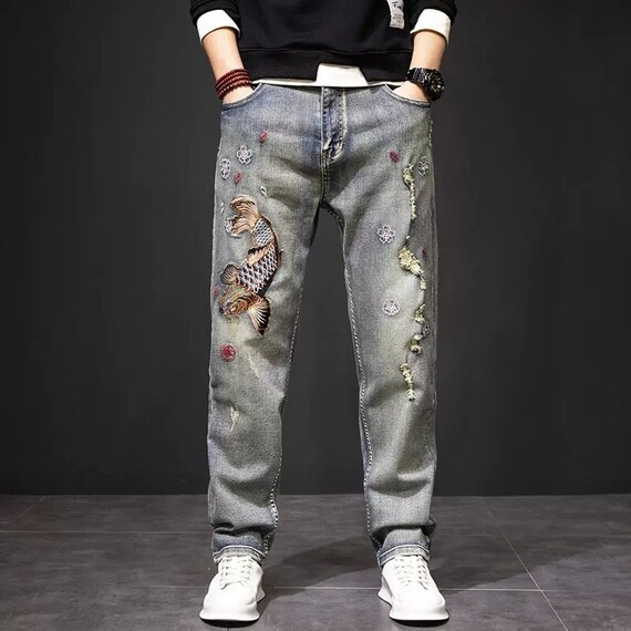 Men's Embroidered Jeans, Vintage Japanese Ukiyo-e Embroidered Blue