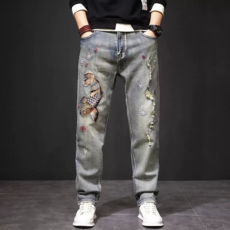HKAAKH Men's Embroidered Jeans, Vintage Japanese Ukiyo-e Embroidered Blue Jeans