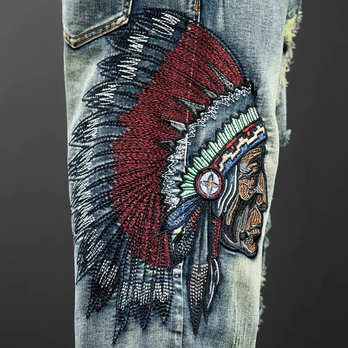 Embroidered vintage style jeans for men