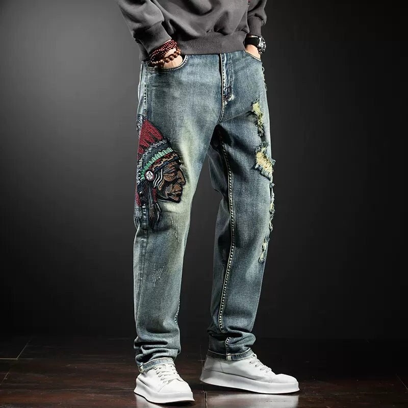 Made To Order Embroidered Monogram Baggy Denim Pants - Men - Ready-to-Wear