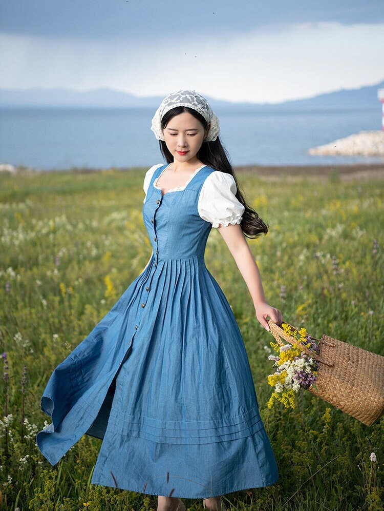 Blue Victorian Dressvintage Blue Short Sleeve Cotton Dress - Etsy