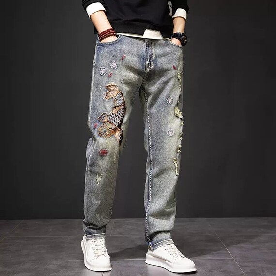 Men s Embroidered Jeans Vintage Japanese Ukiyo e Embroidered Blue