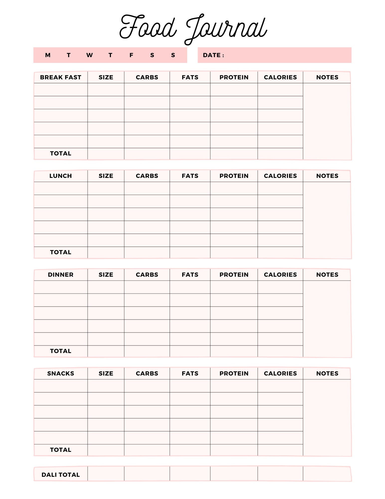 Printable Daily Food Journal - Etsy