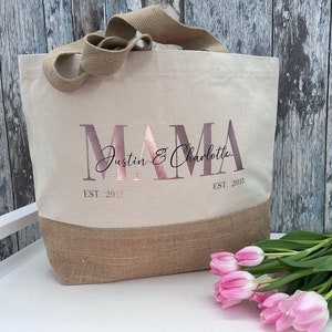 Shopper bag made of jute and canvas "MAMA" 3 sizes gift idea personalized with the children's name and year of birth