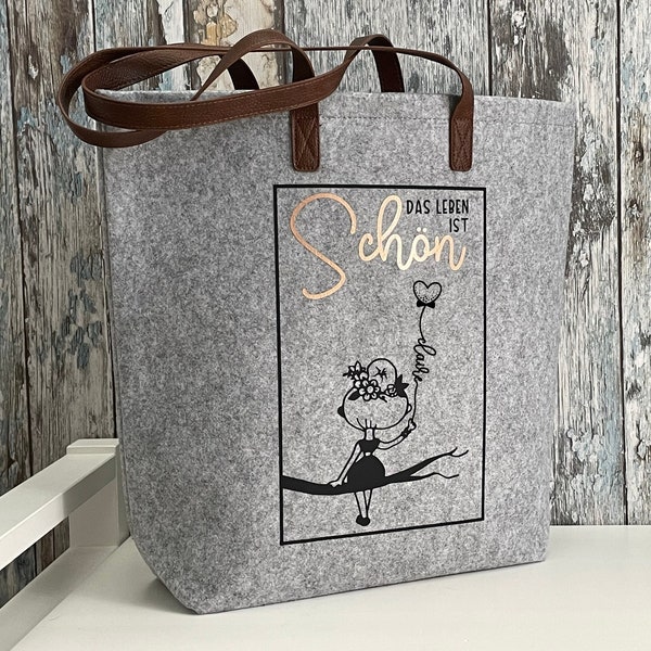 Personalisierte Filztasche Shopper aus Filz "Das Leben ist schön" Geschenk  personalisiert mit Namen