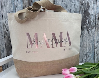 Bag shopper made of jute and canvas "MAMA" 3 sizes Gift idea personalized with the children's names and year of birth