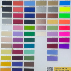 May include: A color chart with a variety of standard, metallic, bright, and neon colors. The chart includes color names and hex codes for each color.