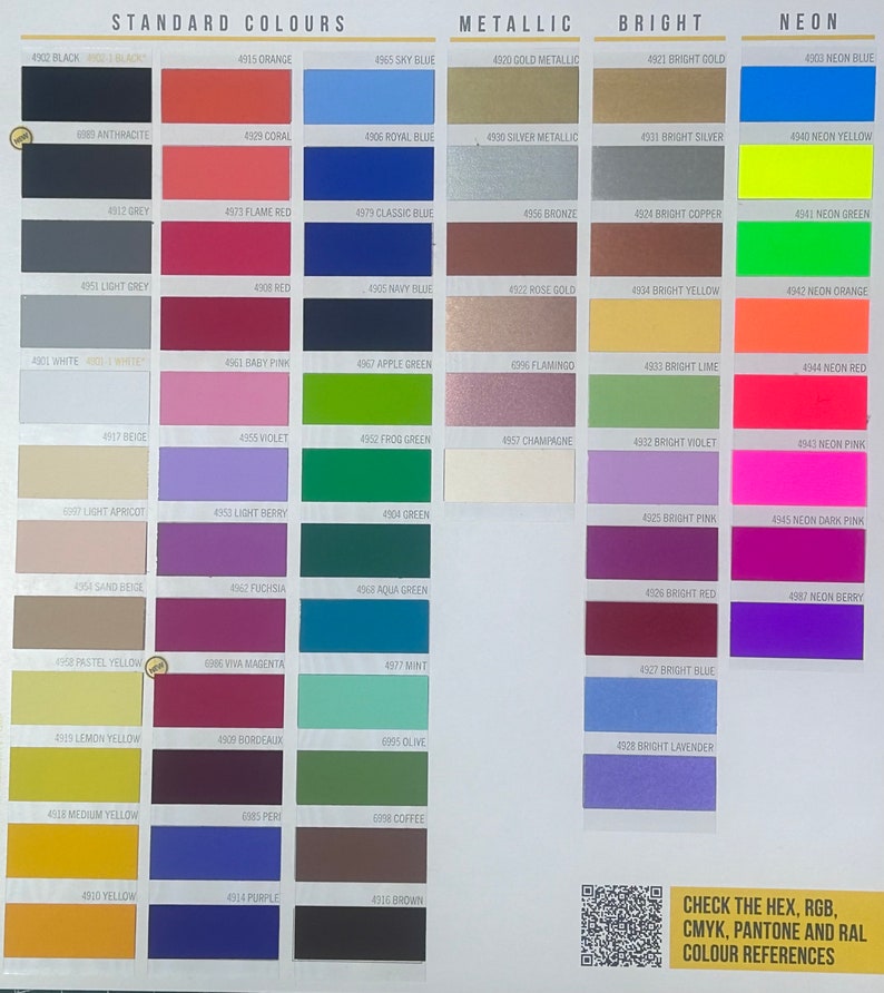 May include: A color chart with a variety of standard, metallic, bright, and neon colors. The chart includes color names and hex codes for each color.