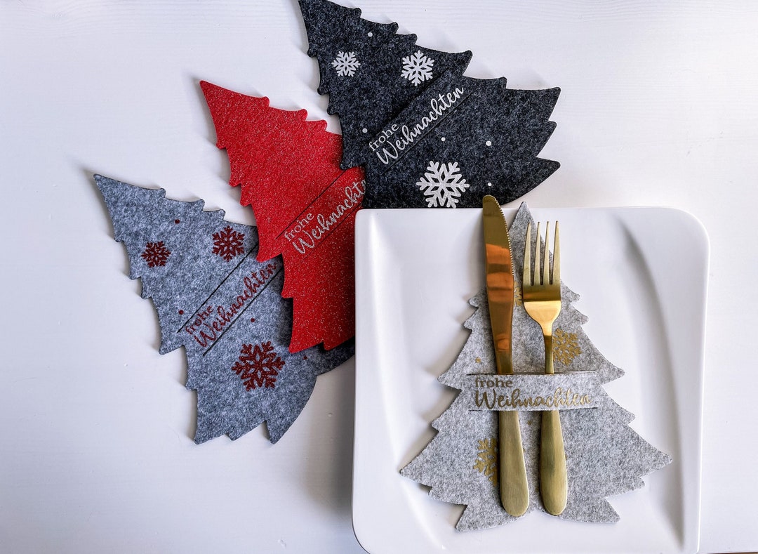 Juego De 10 Bolsas De Cubiertos Navideñas De Fieltro - Decoración De Mesa Con Motivo De Árbol De Navidad Y Papá Noel