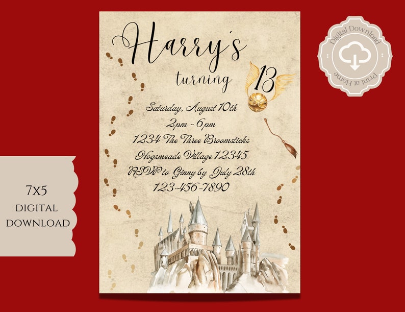 Harry Potter Birthday Invitation Magic Digital Invitation Wizard or Witch Evite 5X7 Digital Download Witch Invitation Instant