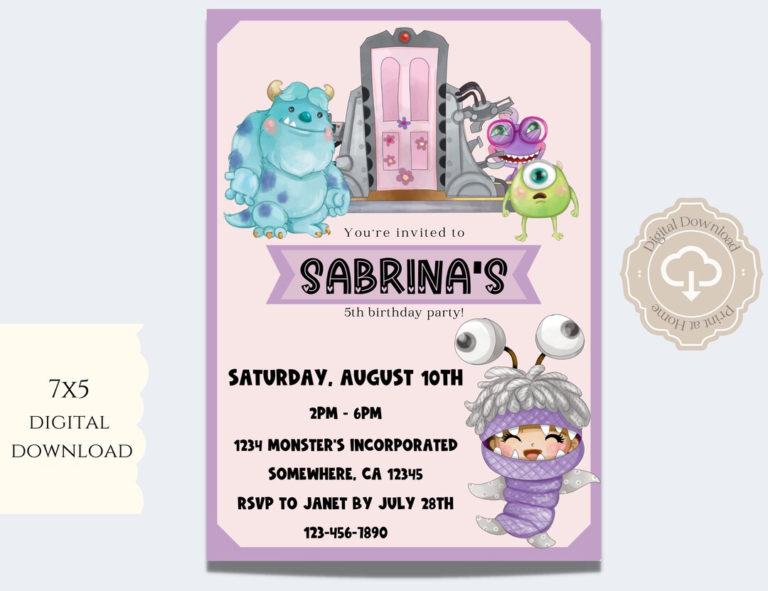 Monsters Inc Birthday Invitation, 5x7 Digital Download Invitation, Boo