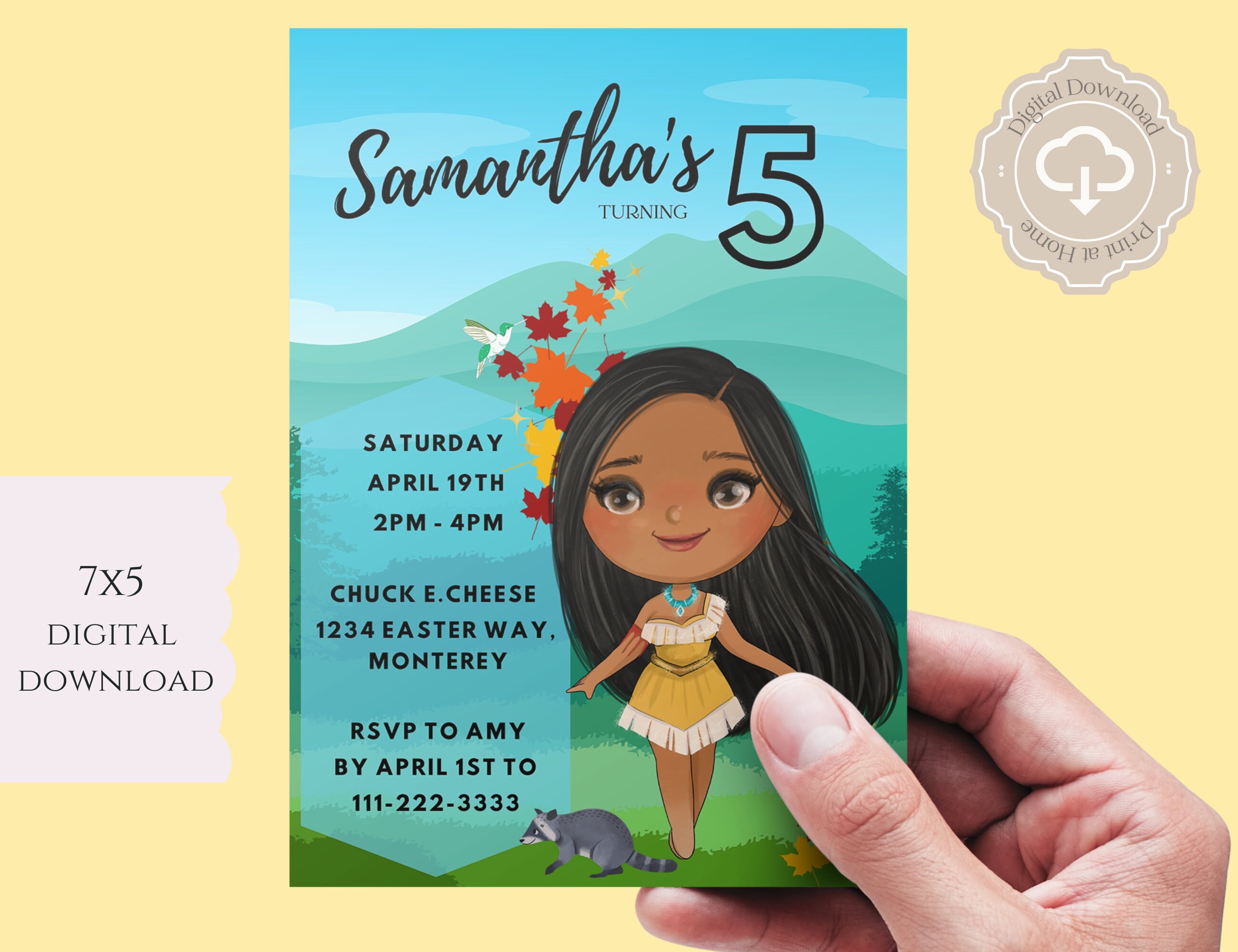 Pocahontas Birthday Invitation, 5x7 Digital Download Invitation ...