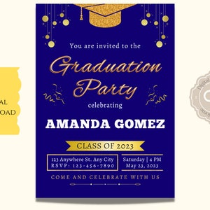 Blue and Gold Graduation Invitation , 5X7 Digital Download, Graduation Digital Invitation, Blue Graduation Invitation