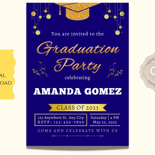 Blue and Gold Graduation Invitation , 5X7 Digital Download, Graduation Digital Invitation, Blue Graduation Invitation