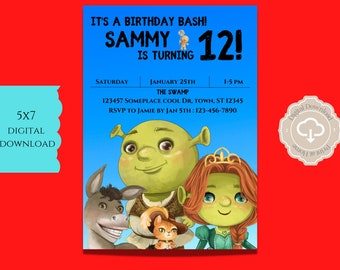 Shrek verjaardagsuitnodiging, Shrek digitale uitnodiging, Shrek Evite, 5 x 7 digitale download, verjaardagsuitnodiging direct downloaden