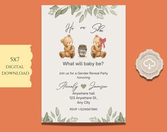 Bear Gender Reveal, Bear Gender Reveal Invitation, He or She, Gender, Do It Yourself 5x7 IN, Little Bear Gender Reveal