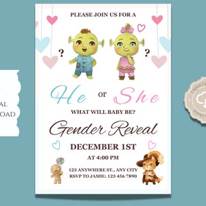 Shrek Gender Reveal, Shrek Gender Reveal Invitation, He or She, Gender, Do It Yourself 5x7 IN, Shrek Gender Reveal
