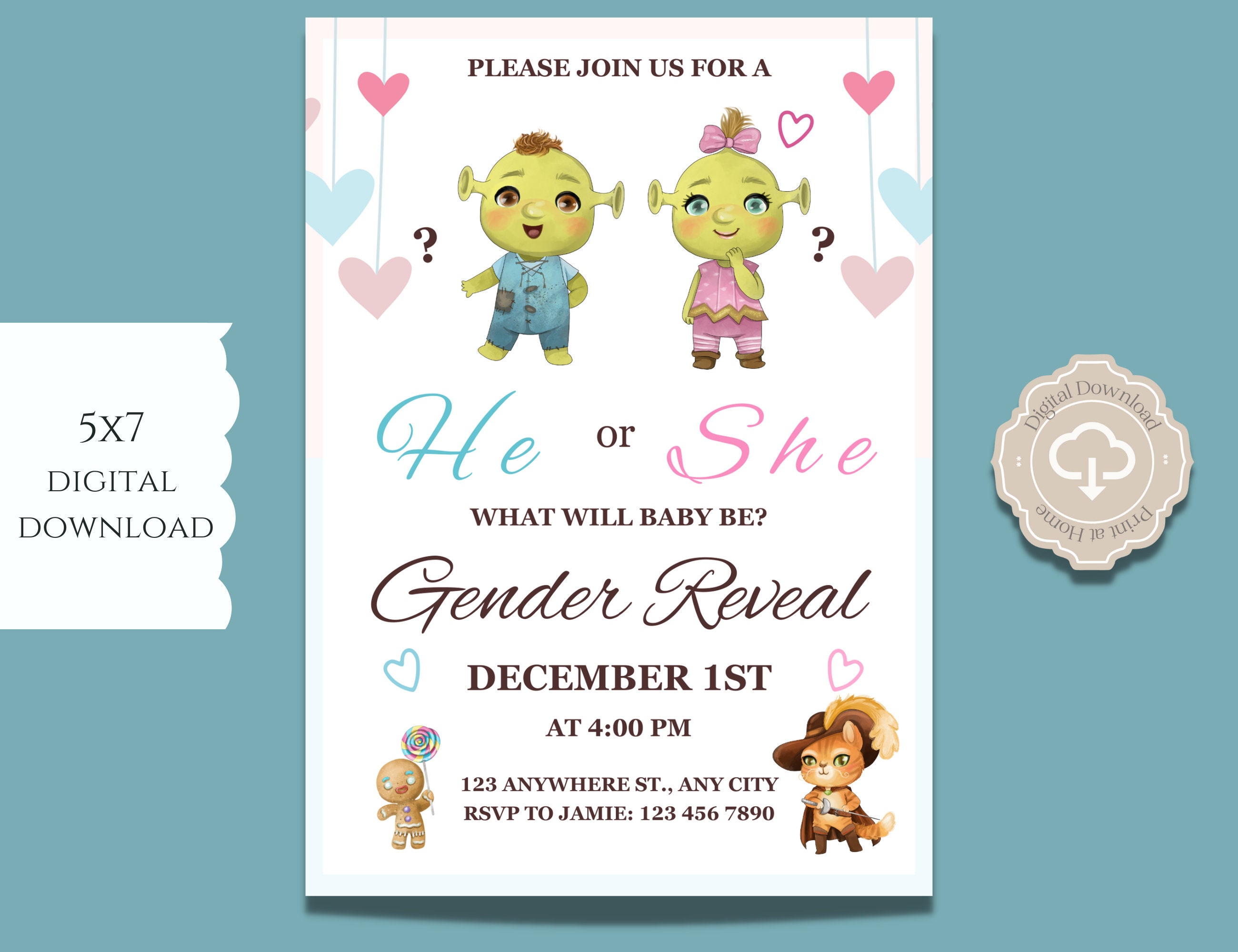 Shrek Gender Reveal, Shrek Gender Reveal Invitation, He or She, Gender, Do It Yourself 5x7 IN, Shrek Gender Reveal