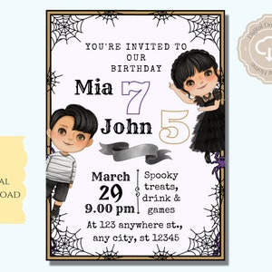 Wednesday and Pugsley Birthday Invitation, Joint Birthday Party, 5x7 Digital Invitation, Twins Birthday Invitation, Addams Family Invite