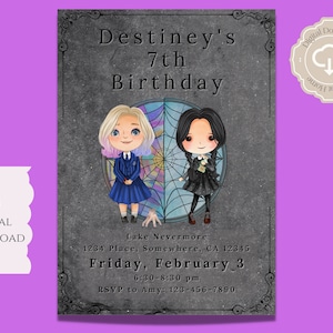 Wednesday & Enid Birthday Invitation Gray, 5X7 Digital Download, Addams Family Digital Invitation, Wednesday Addams, Enid Sinclair, Digital