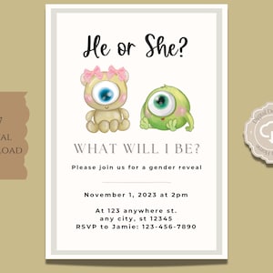 Monsters Gender Reveal, Monsters Gender Reveal Invitation, He or She, Gender, Do It Yourself 5x7 IN, Little Monster Gender Reveal