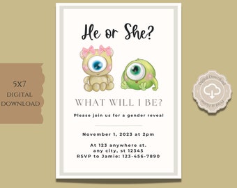 Monsters Gender Reveal, Monsters Gender Reveal Invitation, He or She, Gender, Do It Yourself 5x7 IN, Little Monster Gender Reveal
