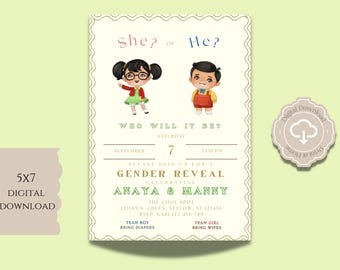 Chilindrina Gender Reveal Invitation, Chilindrina Invite, He or She, Gender, Do It Yourself 5x7 IN, Adventure Gender Reveal