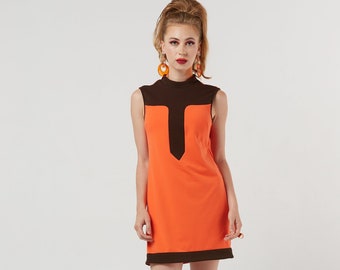 MARLO 1960's Mod Space Age Inspired Orange & Brown Detailed Sleeveless Mockneck Mini Ponte Knit Shift Dress XS-XL