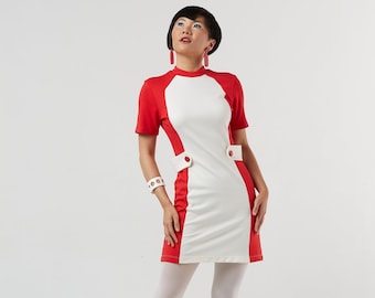 ANDRE Fall Editon 1960's Mod Space Age Inspired Red & White Short Sleeve Mockneck Mini Ponte Shift Dress with Built in Waist Belt XS-XL