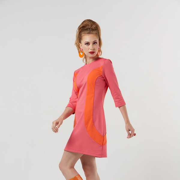 PEGGY 1960's Mod Space Age Inspired Abstract Pink & Orange 3/4 Sleeve Mini Ponte Knit Shift Dress Made in Los Angeles XS-XL