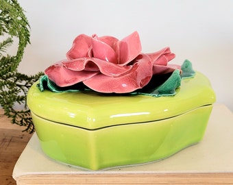 Vintage Johannes Brahms California 675 Ceramic Lime Green Trinket Box with Raspberry Colored Rose