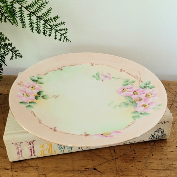 Vintage Bavarian Hand Painted Plate with Pink Roses and Gold Trim