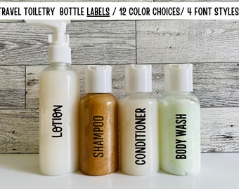 Travel Size Toiletry Labels / Small Bottle Labels / Small Container Labels - Customizable (set of 4) - All Uppercase Letters