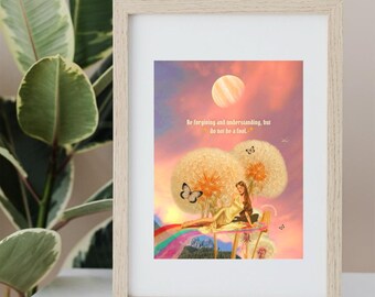 Signed Art Print: Surrealist Woman, Dandelions, Butterflies