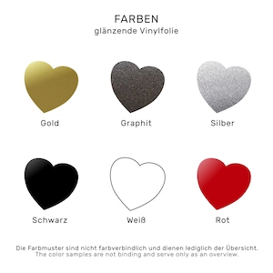 May include: A color chart featuring six heart-shaped color samples: gold, graphite, silver, black, white, and red. The text "FARBEN gl&auml;nzende Vinylfolie" is at the top. Below the color samples are the color names. The text at the bottom states the color samples are not binding.