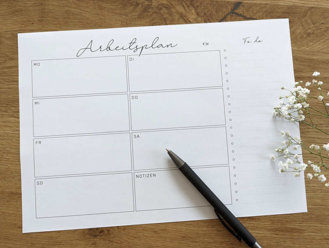 Arbeitsplan mit To do Liste Vorlage Wochenplaner DIN A4 PDF Download 