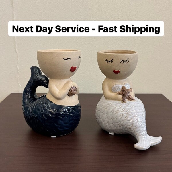 Sitting mermaid ceramic planter, sexy beautiful sea creature flower pot w/ tail fins, little princess beach home decor, succulent vase