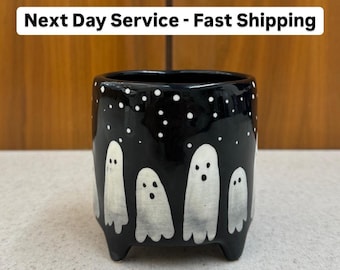 Halloween GHOST ceramic planter, round flower pot, scary phantom vase, home decor table centerpiece, office pencil jar, spooky season gifts