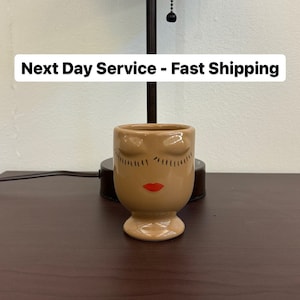 SMALL BROWN lady face planter, celfie flower pot vase, African woman eyes lips home decor jar display, ceramic girl pencil makeup holder cup