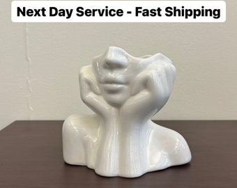 Half face lady ceramic vase, woman head planter, beautiful girl flower pot, female model statue table centerpiece home decor, gifts for her