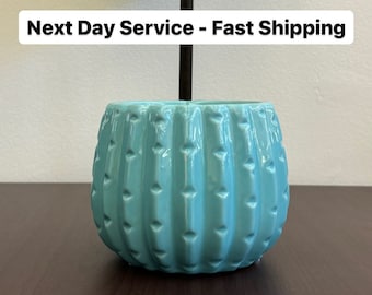 Small cactus ceramic planter, light blue desert cacti plant holder, small prickly round pot garden home decor, table centerpiece, office jar