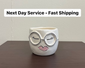 Nerdy girl ceramic pot, woman head w/ glasses planter, lady face vase, office desk/table centerpiece jar home decor, gifts for teachers