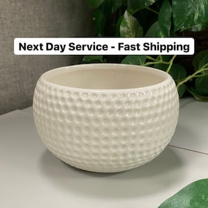 Flat golf ball ceramic planter, round white display pot, home decor gifts for golfers, dimples pottery bowl for flower, funerals & parties