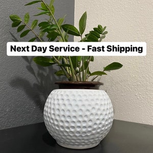 Round golf ball ceramic planter, white spherical display pot home decor, sports fan garden pottery gifts, table centerpiece, funeral, events