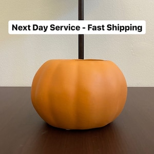 May include: A brown ceramic pumpkin shaped lamp base with a beige lampshade. The lamp is on a dark brown wooden surface. The text "Next Day Service - Fast Shipping" is visible in the image.