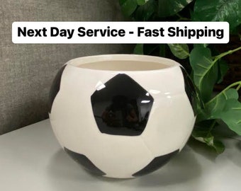 Soccer ball ceramic planter, sports fan flower pot bowl, athletic athlete garden pottery jar home decor, for boys room, crazing/glazed bowl