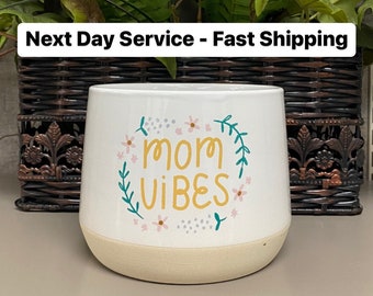 Mother’s Day "Mom Vibes" ceramic planter, appreciation gifts for moms mothers & wives, special maternity flower pot vase pottery home decor