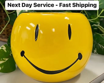 Happy face ceramic planter, head w/ smile flower pot, round yellow vase home decor, office desk/table centerpiece, candy jar, birthday gifts