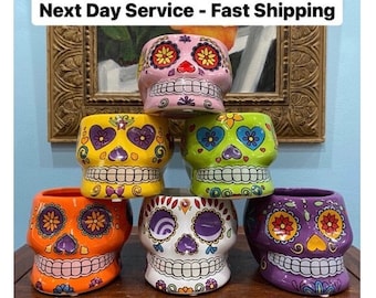 Small Halloween skull planters, colored Dia de Muertos head flower pot, scary creepy vase decoration for home, ceramic skeleton jar gifts